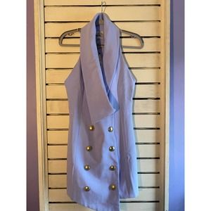 Angel Biba womans blue dress mini, size S  halter double breasted gold buttons